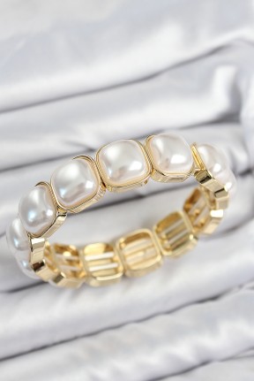 Pirinç Kare İnci Model Gold Renk Lastikli Kadın Bileklik