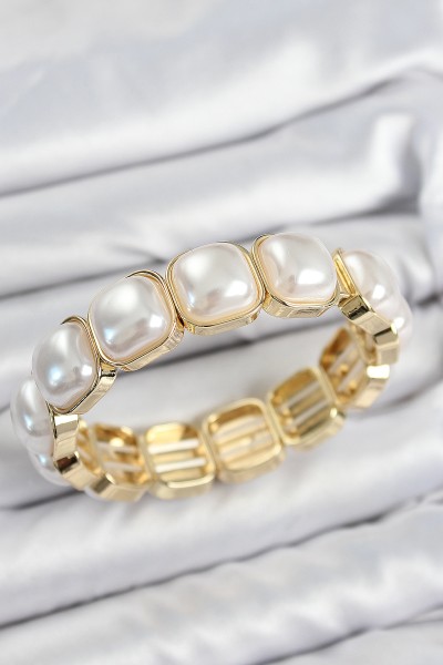 Pirinç Kare İnci Model Gold Renk Lastikli Kadın Bileklik