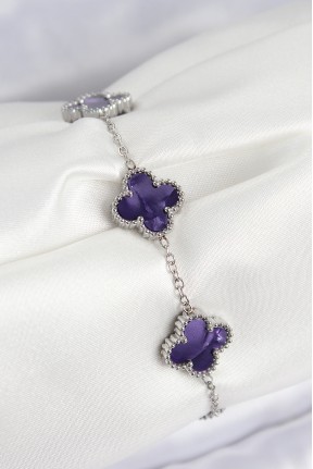 316l çelik Sedefli Mor Gümüş Renk Yonca Kadın Bileklik