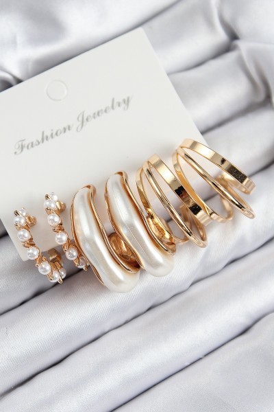 Pirinç İncili Halka Model Gold Renk Kadın Set Küpe