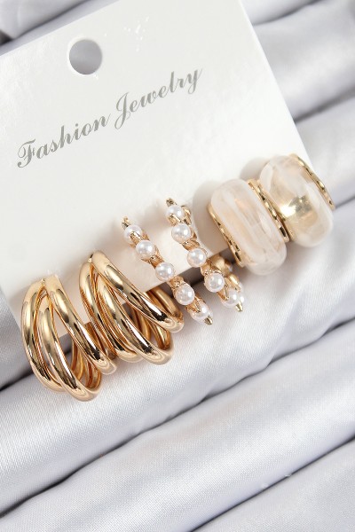 Pirinç İncili Halka Model Gold Renk Kadın Set Küpe
