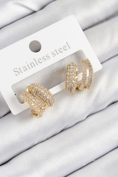 Pirinç Zirkon Taşlı Kıvrımlı Model Gold Renk Kadın Küpe Pirinç Zirkon Taşlı Kıvrımlı Model Gold Renk Kadın Küpe