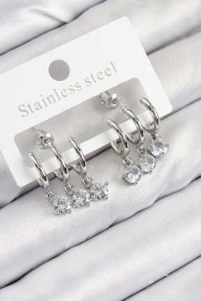 Pirinç Sallantılı Zirkon Taşlı Model Gümüş Renk Kadın Küpe Pirinç Sallantılı Zirkon Taşlı Model Gümüş Renk Kadın Küpe