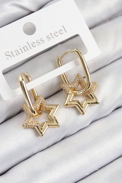 Pirinç Zirkon Taşlı Yıldız Model Gold Renk Kadın Küpe