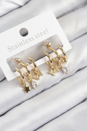 Pirinç Zirkon Taşlı Yıldız Ve Kelebek Model Gold Renk Kadın Küpe Pirinç Zirkon Taşlı Yıldız Ve Kelebek Model Gold Renk Kadın Küpe