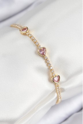 Pirinç Zirkon Taşlı Pembe Kalp Model Gold Renk Kadın Bileklik Pirinç Zirkon Taşlı Pembe Kalp Model Gold Renk Kadın Bileklik