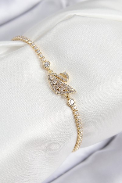 Pirinç Zirkon Taşlı Kuğu Model Gold Renk Kadın Bileklik Pirinç Zirkon Taşlı Kuğu Model Gold Renk Kadın Bileklik