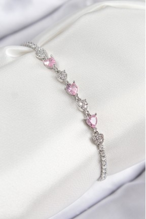 Pirinç Zirkon Taşlı Pembe Kalp Model Gümüş Renk Kadın Bileklik Pirinç Zirkon Taşlı Pembe Kalp Model Gümüş Renk Kadın Bileklik