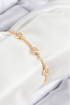 Pirinç Zirkon Taşlı Sıralı Kalp Model Gold Renk Kadın Bileklik Pirinç Zirkon Taşlı Sıralı Kalp Model Gold Renk Kadın Bileklik