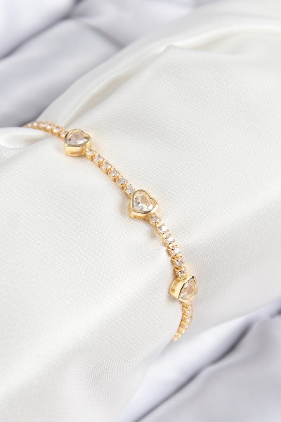 Pirinç Zirkon Taşlı Sıralı Kalp Model Gold Renk Kadın Bileklik