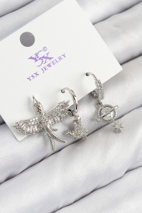 Pirinç Zirkon Taşlı 3'lü Kuş Model Gümüş Renk Kadın Küpe Pirinç Zirkon Taşlı 3'lü Kuş Model Gümüş Renk Kadın Küpe