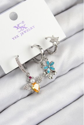 Pirinç Zirkon Taşlı 3'lü Arı Ve çiçek Model Gümüş Renk Kadın Küpe Pirinç Zirkon Taşlı 3'lü Arı Ve çiçek Model Gümüş Renk Kadın Küpe