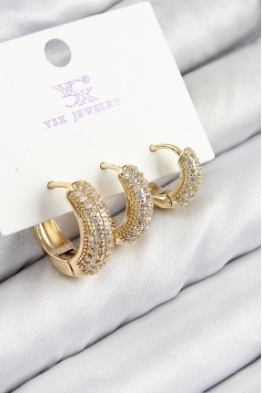 Pirinç Zirkon Taşlı 3'lü Halka Model Gold Renk Kadın Küpe Pirinç Zirkon Taşlı 3'lü Halka Model Gold Renk Kadın Küpe