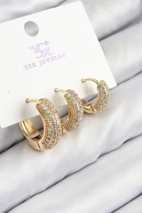 Pirinç Zirkon Taşlı 3'lü Halka Model Gold Renk Kadın Küpe Pirinç Zirkon Taşlı 3'lü Halka Model Gold Renk Kadın Küpe