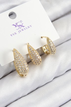 Pirinç Zirkon Taşlı 3'lü Damla Model Gold Renk Kadın Küpe Pirinç Zirkon Taşlı 3'lü Damla Model Gold Renk Kadın Küpe