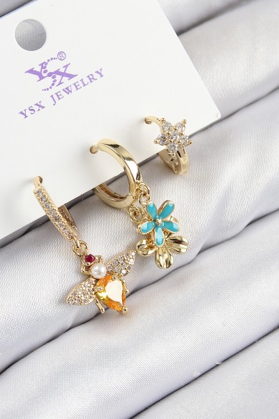 Pirinç Zirkon Taşlı 3'lü Arı Ve çiçek Model Gold Renk Kadın Küpe
