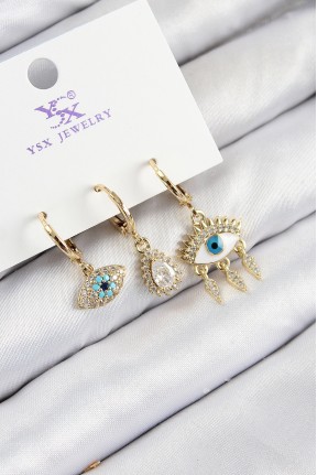Pirinç Zirkon Taşlı 3'lü Fatma'nın Gözü Model Gold Renk Kadın Küpe Pirinç Zirkon Taşlı 3'lü Fatma'nın Gözü Model Gold Renk Kadın Küpe