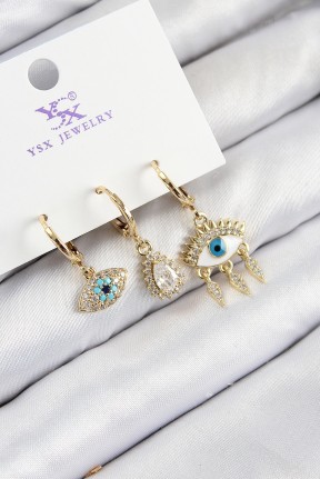 Pirinç Zirkon Taşlı 3'lü Fatma'nın Gözü Model Gold Renk Kadın Küpe Pirinç Zirkon Taşlı 3'lü Fatma'nın Gözü Model Gold Renk Kadın Küpe