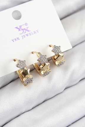 Pirinç Zirkon Taşlı 3'lü Halka Yıldız Model Gold Ve Gümüş Renk Kadın Küpe Pirinç Zirkon Taşlı 3'lü Halka Yıldız Model Gold Ve Gümüş Renk Kadın Küpe
