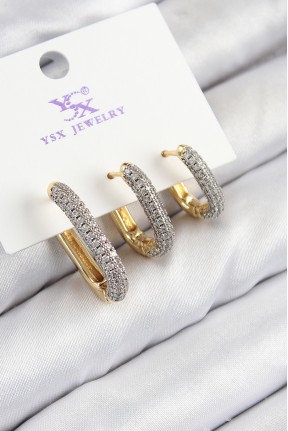 Pirinç Zirkon Taşlı 3'lü Oval Dikdörtgen Model Gold Ve Gümüş Renk Kadın Küpe Pirinç Zirkon Taşlı 3'lü Oval Dikdörtgen Model Gold Ve Gümüş Renk Kadın Küpe