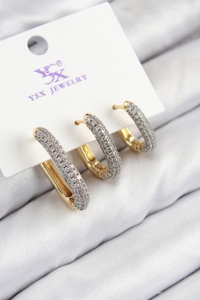 Pirinç Zirkon Taşlı 3'lü Oval Dikdörtgen Model Gold Ve Gümüş Renk Kadın Küpe Pirinç Zirkon Taşlı 3'lü Oval Dikdörtgen Model Gold Ve Gümüş Renk Kadın Küpe