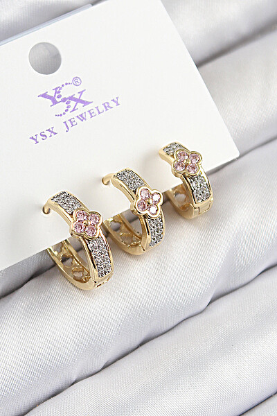 Pirinç Zirkon Taşlı 3'lü Halka Yonca Model Gold Ve Gümüş Renk Kadın Küpe Pirinç Zirkon Taşlı 3'lü Halka Yonca Model Gold Ve Gümüş Renk Kadın Küpe