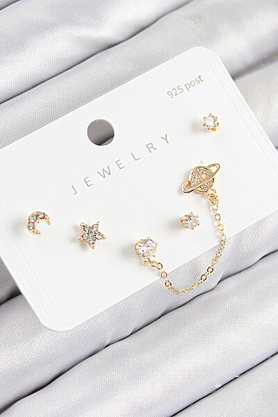 Pirinç Zirkon Taşlı Yıldız Ve Gezegen Model Gold Renk 925 Ayar Gümüş çivi Kadın Küpe Set Pirinç Zirkon Taşlı Yıldız Ve Gezegen Model Gold Renk 925 Ayar Gümüş çivi Kadın Küpe Set
