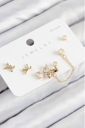 Pirinç Zirkon Taşlı Fiyonk Model Gold Renk 925 Ayar Gümüş çivi Kadın Küpe Set Pirinç Zirkon Taşlı Fiyonk Model Gold Renk 925 Ayar Gümüş çivi Kadın Küpe Set
