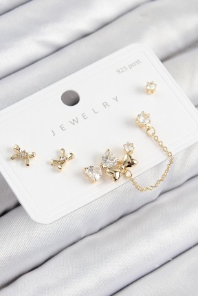 Pirinç Zirkon Taşlı Fiyonk Model Gold Renk 925 Ayar Gümüş çivi Kadın Küpe Set Pirinç Zirkon Taşlı Fiyonk Model Gold Renk 925 Ayar Gümüş çivi Kadın Küpe Set