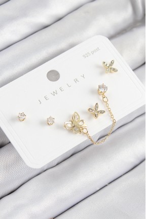 Pirinç Zirkon Taşlı Kelebek Model Gold Renk 925 Ayar Gümüş çivi Kadın Küpe Set Pirinç Zirkon Taşlı Kelebek Model Gold Renk 925 Ayar Gümüş çivi Kadın Küpe Set