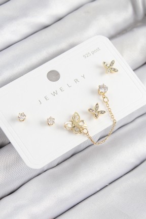Pirinç Zirkon Taşlı Kelebek Model Gold Renk 925 Ayar Gümüş çivi Kadın Küpe Set Pirinç Zirkon Taşlı Kelebek Model Gold Renk 925 Ayar Gümüş çivi Kadın Küpe Set