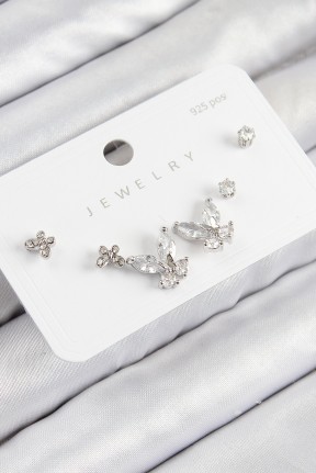 Pirinç Zirkon Taşlı Kelebek Model Gümüş Renk 925 Ayar Gümüş çivi Kadın Küpe Set Pirinç Zirkon Taşlı Kelebek Model Gümüş Renk 925 Ayar Gümüş çivi Kadın Küpe Set