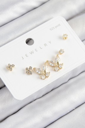 Pirinç Zirkon Taşlı Kelebek Model Gold Renk 925 Ayar Gümüş çivi Kadın Küpe Set Pirinç Zirkon Taşlı Kelebek Model Gold Renk 925 Ayar Gümüş çivi Kadın Küpe Set