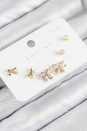 Pirinç Zirkon Taşlı Fiyonk Model Gold Renk 925 Ayar Gümüş çivi Kadın Küpe Set Pirinç Zirkon Taşlı Fiyonk Model Gold Renk 925 Ayar Gümüş çivi Kadın Küpe Set