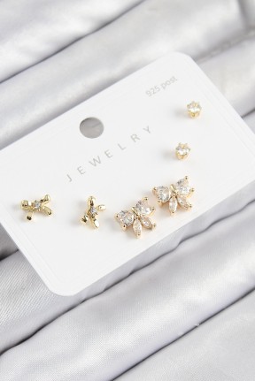 Pirinç Zirkon Taşlı Fiyonk Model Gold Renk 925 Ayar Gümüş çivi Kadın Küpe Set Pirinç Zirkon Taşlı Fiyonk Model Gold Renk 925 Ayar Gümüş çivi Kadın Küpe Set