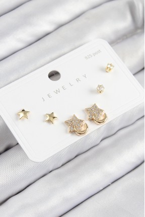 Pirinç Zirkon Taşlı Yıldız Model Gold Renk 925 Ayar Gümüş çivi Kadın Küpe Set Pirinç Zirkon Taşlı Yıldız Model Gold Renk 925 Ayar Gümüş çivi Kadın Küpe Set