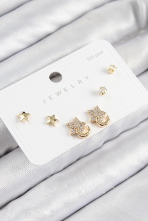 Pirinç Zirkon Taşlı Yıldız Model Gold Renk 925 Ayar Gümüş çivi Kadın Küpe Set Pirinç Zirkon Taşlı Yıldız Model Gold Renk 925 Ayar Gümüş çivi Kadın Küpe Set