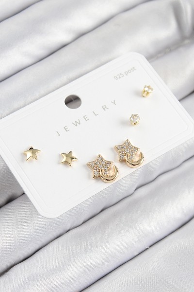 Pirinç Zirkon Taşlı Yıldız Model Gold Renk 925 Ayar Gümüş çivi Kadın Küpe Set