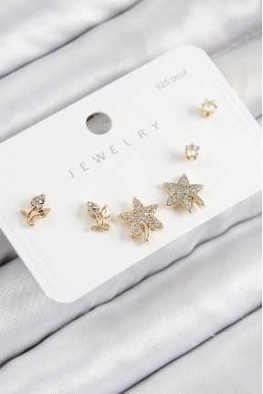 Pirinç Zirkon Taşlı Yıldız Ve Gül Model Gold Renk 925 Ayar Gümüş çivi Kadın Küpe Set Pirinç Zirkon Taşlı Yıldız Ve Gül Model Gold Renk 925 Ayar Gümüş çivi Kadın Küpe Set
