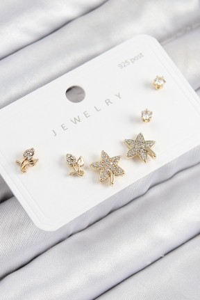 Pirinç Zirkon Taşlı Yıldız Ve Gül Model Gold Renk 925 Ayar Gümüş çivi Kadın Küpe Set Pirinç Zirkon Taşlı Yıldız Ve Gül Model Gold Renk 925 Ayar Gümüş çivi Kadın Küpe Set