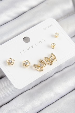 Pirinç Zirkon Taşlı Kelebek Model Gold Renk 925 Ayar Gümüş çivi Kadın Küpe Set Pirinç Zirkon Taşlı Kelebek Model Gold Renk 925 Ayar Gümüş çivi Kadın Küpe Set