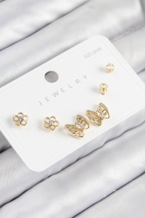 Pirinç Zirkon Taşlı Kelebek Model Gold Renk 925 Ayar Gümüş çivi Kadın Küpe Set Pirinç Zirkon Taşlı Kelebek Model Gold Renk 925 Ayar Gümüş çivi Kadın Küpe Set