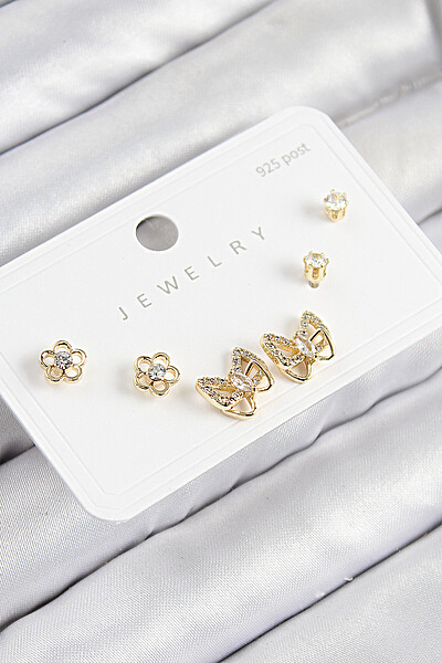 Pirinç Zirkon Taşlı Kelebek Model Gold Renk 925 Ayar Gümüş çivi Kadın Küpe Set Pirinç Zirkon Taşlı Kelebek Model Gold Renk 925 Ayar Gümüş çivi Kadın Küpe Set