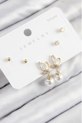 Pirinç Zirkon Taşlı İnci Sallantılı Damla Model Gold Renk 925 Ayar Gümüş çivi Kadın Küpe Set Pirinç Zirkon Taşlı İnci Sallantılı Damla Model Gold Renk 925 Ayar Gümüş çivi Kadın Küpe Set