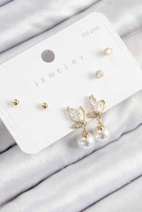 Pirinç Zirkon Taşlı İnci Sallantılı Damla Model Gold Renk 925 Ayar Gümüş çivi Kadın Küpe Set Pirinç Zirkon Taşlı İnci Sallantılı Damla Model Gold Renk 925 Ayar Gümüş çivi Kadın Küpe Set