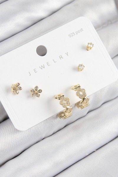 Pirinç Zirkon Taşlı Halka Model Gold Renk 925 Ayar Gümüş çivi Kadın Küpe Set Pirinç Zirkon Taşlı Halka Model Gold Renk 925 Ayar Gümüş çivi Kadın Küpe Set