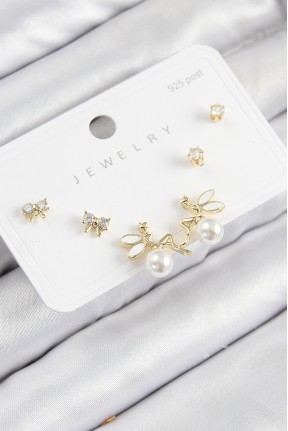 Pirinç Zirkon Taşlı İnci Melek Model Gold Renk 925 Ayar Gümüş çivi Kadın Küpe Set Pirinç Zirkon Taşlı İnci Melek Model Gold Renk 925 Ayar Gümüş çivi Kadın Küpe Set