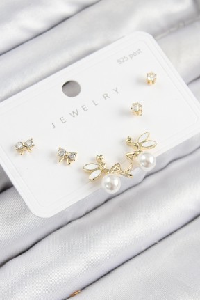 Pirinç Zirkon Taşlı İnci Melek Model Gold Renk 925 Ayar Gümüş çivi Kadın Küpe Set Pirinç Zirkon Taşlı İnci Melek Model Gold Renk 925 Ayar Gümüş çivi Kadın Küpe Set