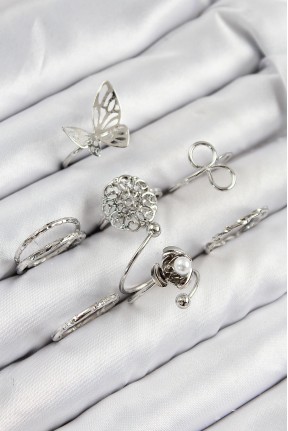 Pirinç Gül Kelebek Model Gümüş Renk Kadın Yüzük Kombin Set Pirinç Gül Kelebek Model Gümüş Renk Kadın Yüzük Kombin Set