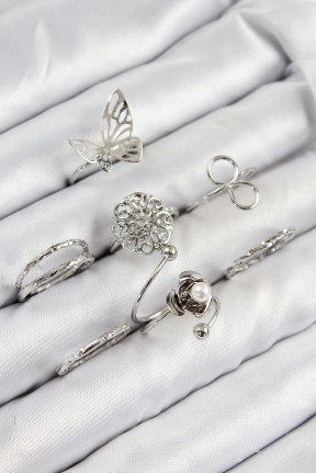 Pirinç Gül Kelebek Model Gümüş Renk Kadın Yüzük Kombin Set Pirinç Gül Kelebek Model Gümüş Renk Kadın Yüzük Kombin Set